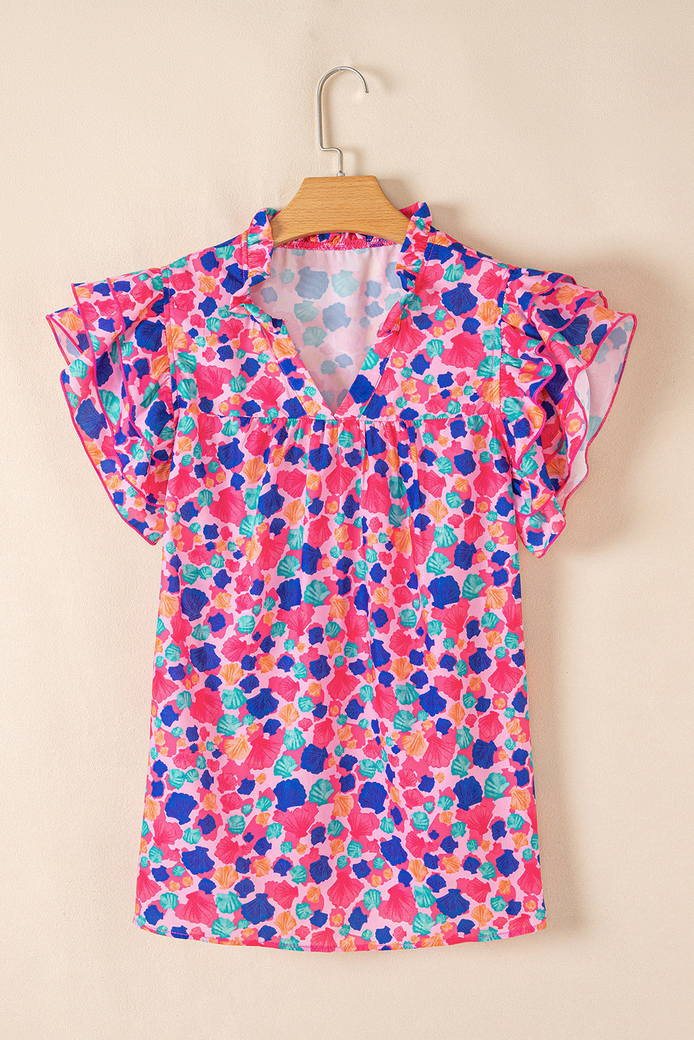 Abstract Print Ruffled Sleeve V Neck Blouse