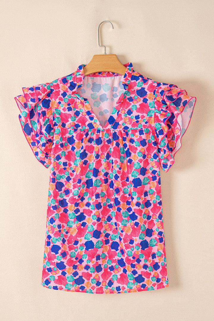 Abstract Print Ruffled Sleeve V Neck Blouse