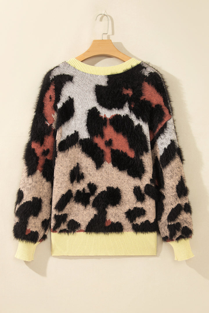 Khaki Leopard Print Long Sleeve Round Neck Sweater