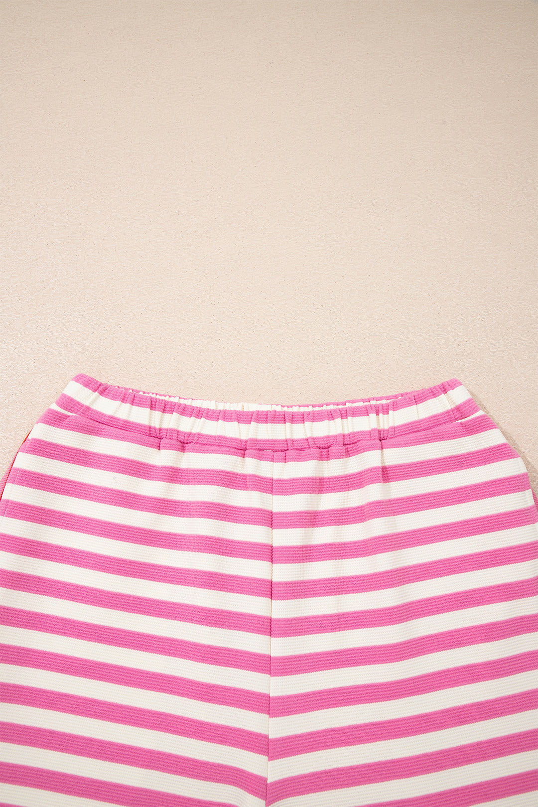 Pink Stripe Contrast Trim Short Sleeve Top Loose Shorts 2pcs Casual Outfit