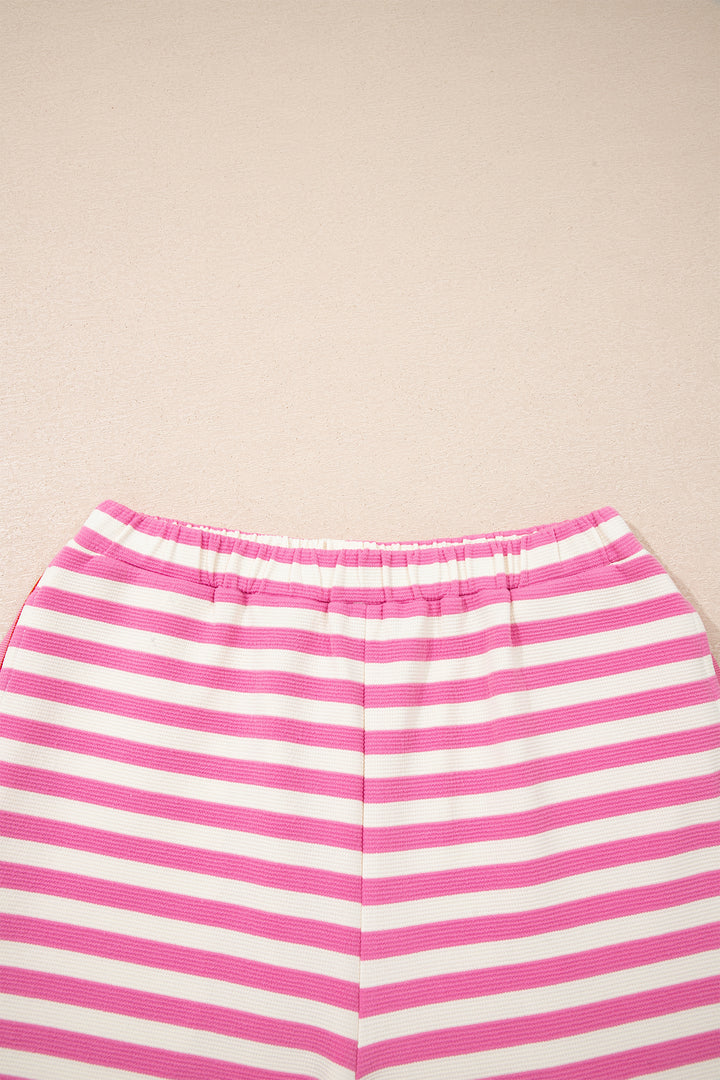 Pink Stripe Contrast Trim Short Sleeve Top Loose Shorts 2pcs Casual Outfit