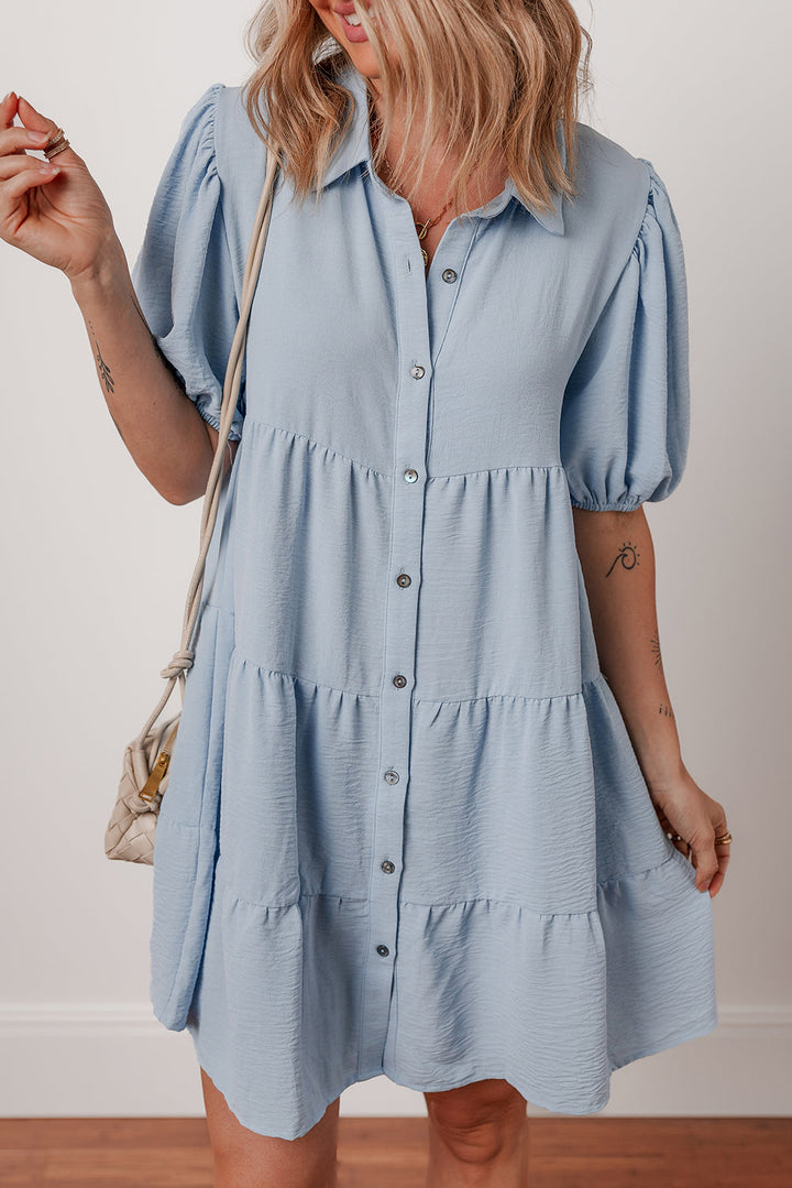 shirt collar button up short puff sleeve tiered shift dress