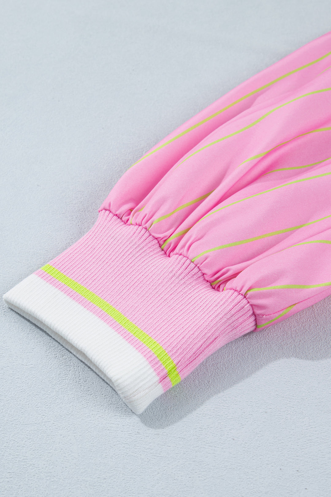Pink Stripe Striped V-Neck Half Sleeve Zipper Ribbed Cuff Casual Shift Blouse
