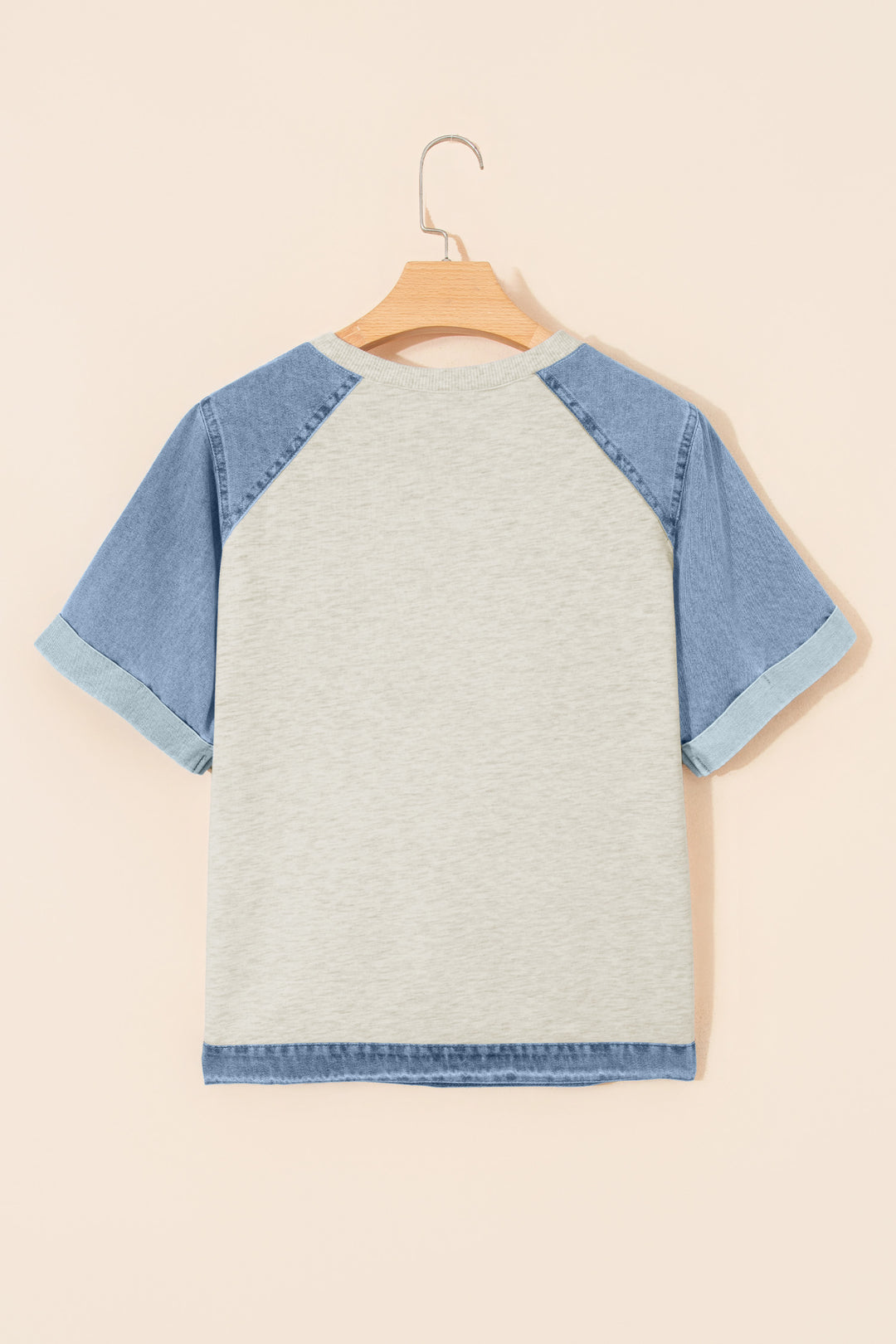 Beige Denim Color Block Patchwork Round Neck Tee