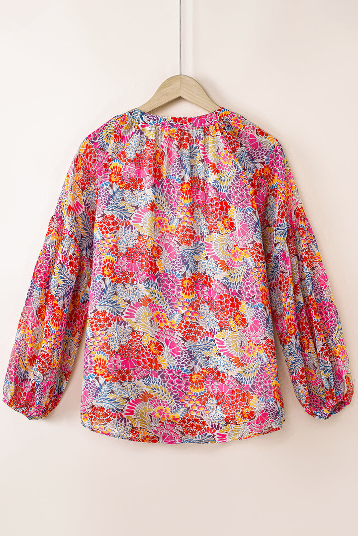 Fiery Red White Floral Print V Neck Long Puff Sleeve Top