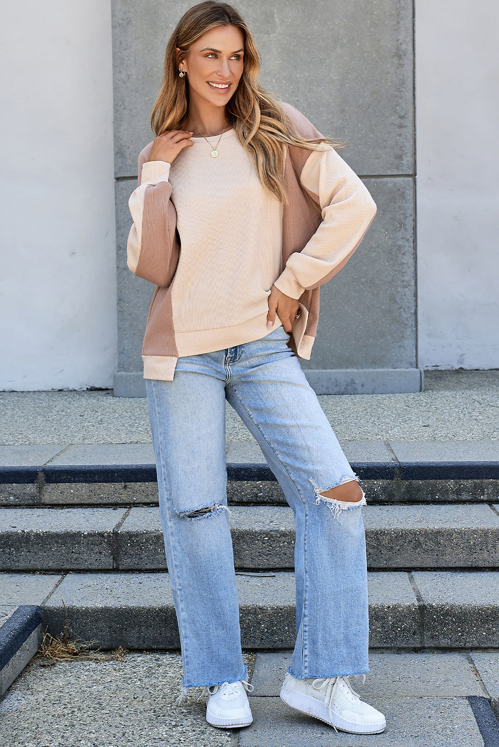 Color Block Waffle High Low Raglan Sleeve Sweatshirt