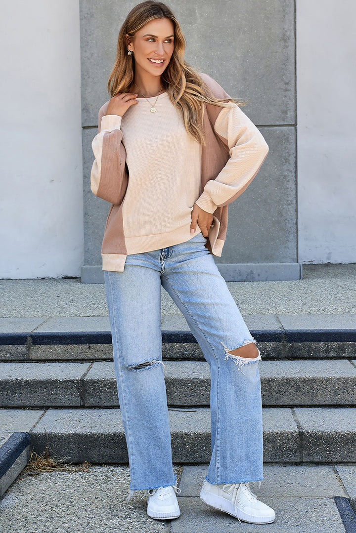 Color Block Waffle High Low Raglan Sleeve Sweatshirt