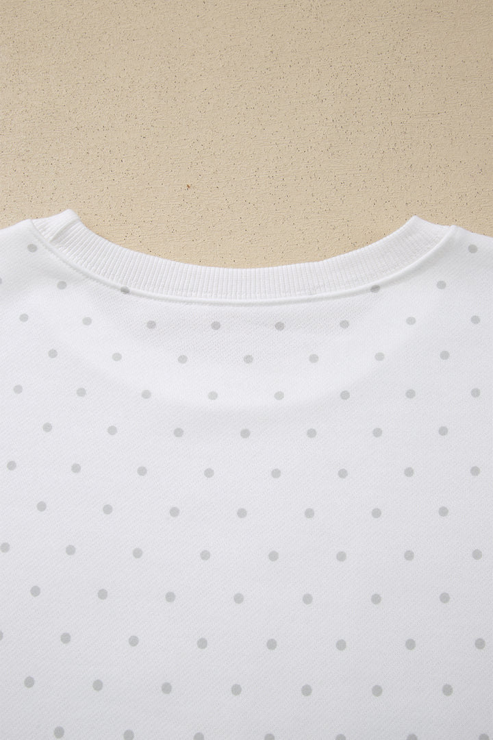 White Polka Dot Print Side Stripe Casual Sweatshirt 2pcs Short Set