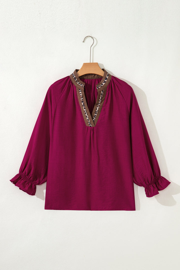 Leopard Trim V Neck Flounced Bracelet Sleeve Blouse