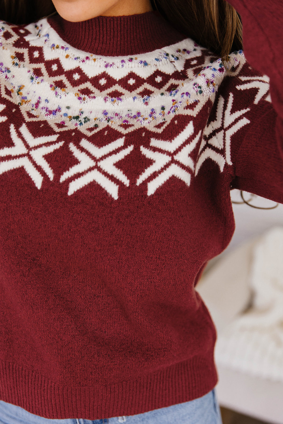 Red Dahlia Christmas Theme Geometric Pattern Knit Round Neck Shift Sweater
