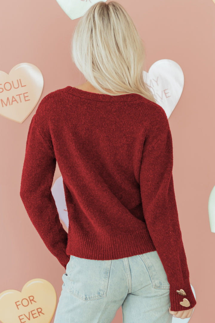 Fiery Red Heart Metal Button V Neck Wool Cardigan Sweater