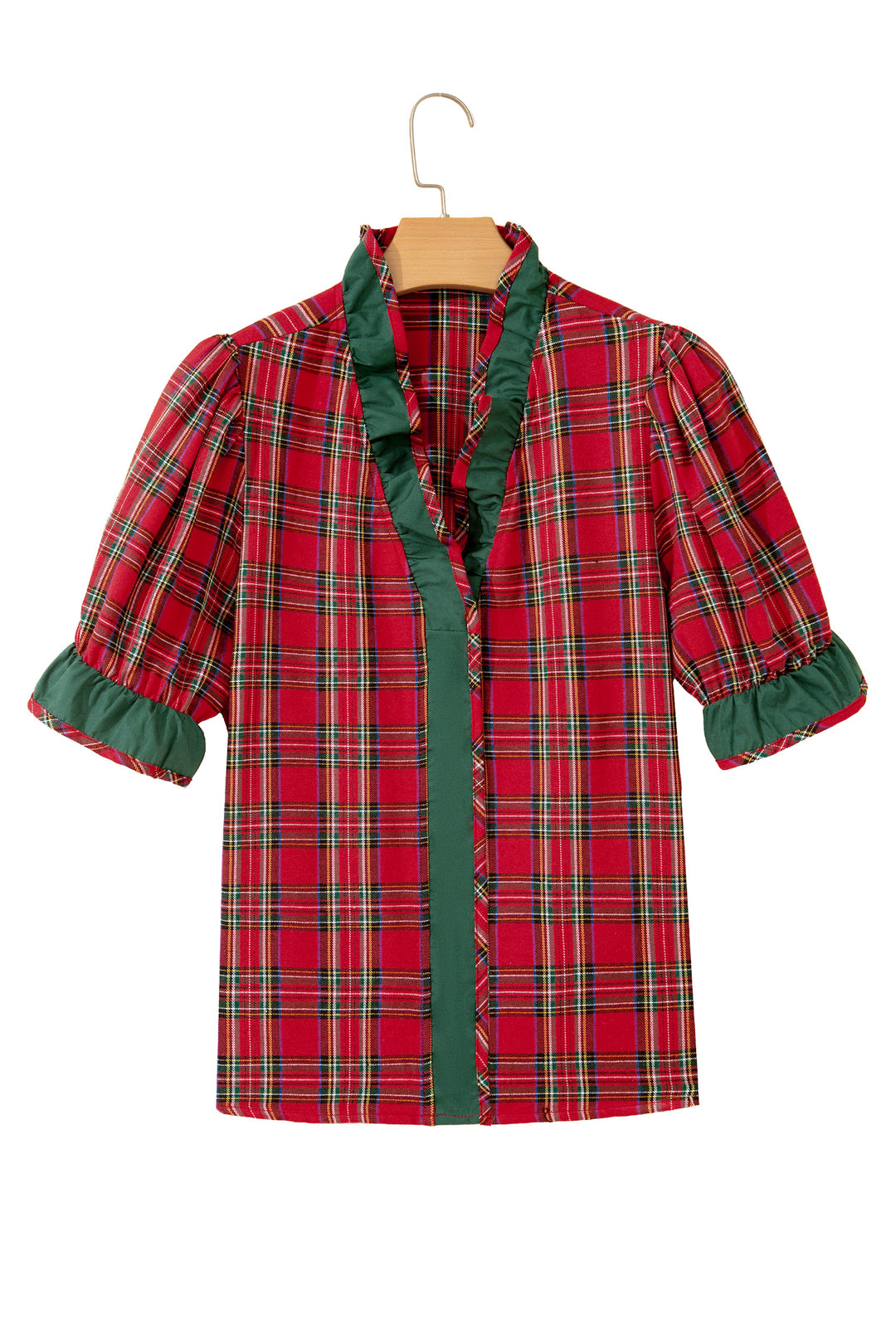 Red Plaid V Neck Ruffle Color Block Trim Short Sleeve Shirt