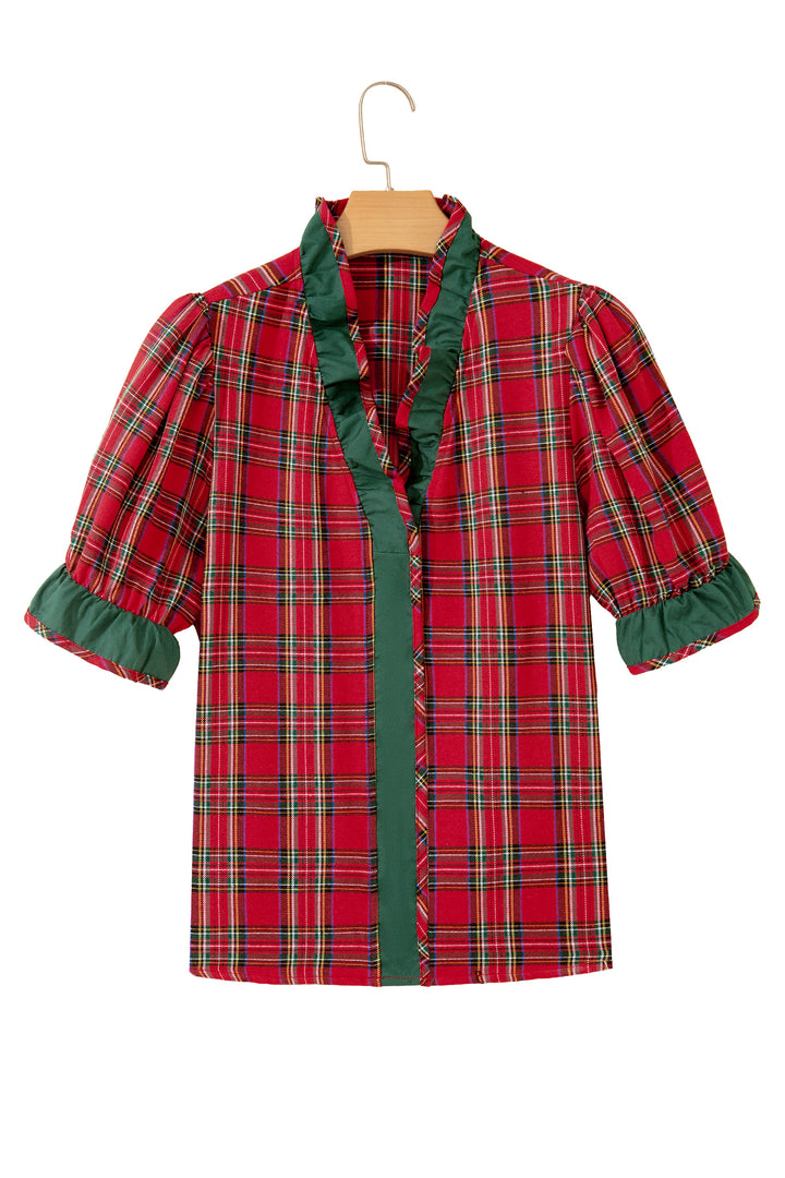 Red Plaid V Neck Ruffle Color Block Trim Short Sleeve Shirt