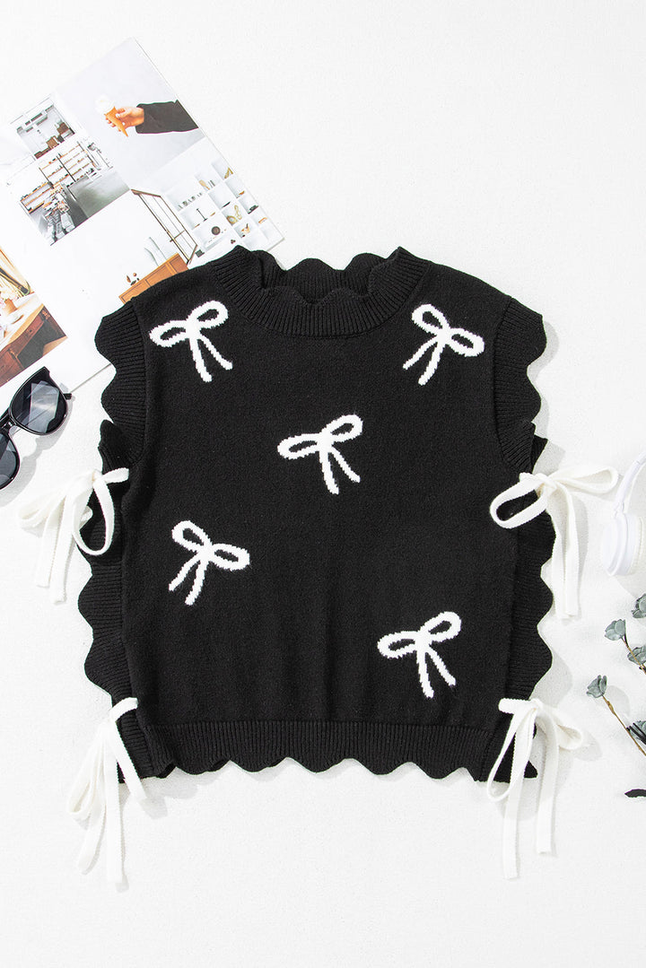 Bow Print Side Ties Scalloped Hem Sweater T Shirt