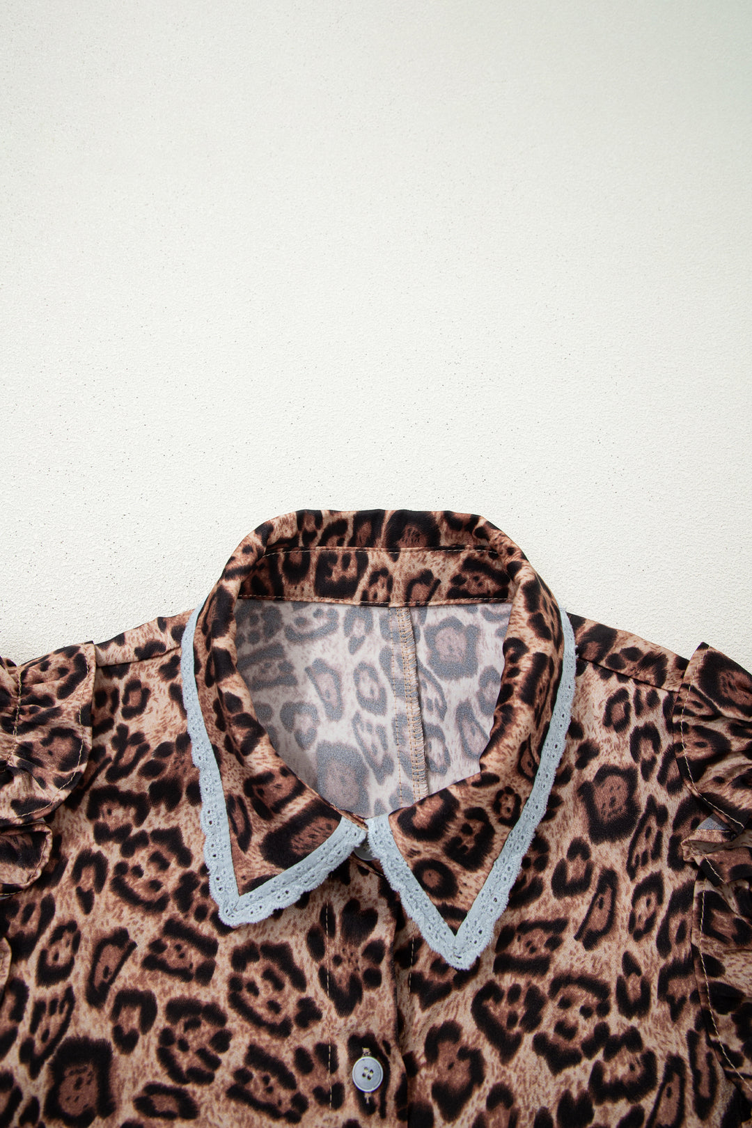 Khaki Leopard Print Lace Trim Shirt Collar Button Down Loose Mini Dress
