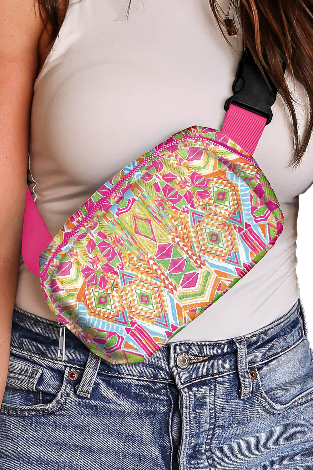 Western Print Buckle Wide Belt Chest Bag