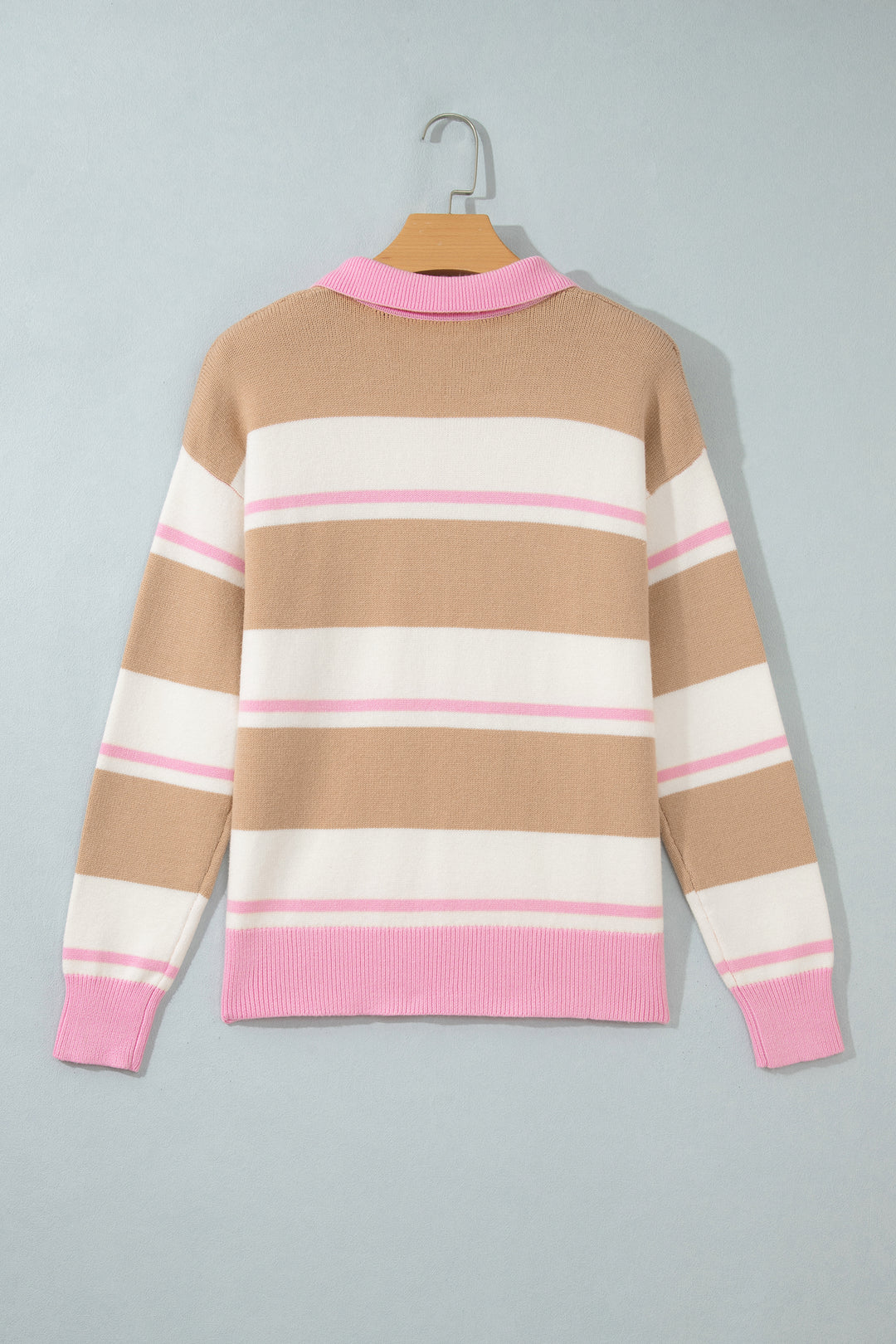 Khaki Stripe Button Placket Long Sleeve Sweater