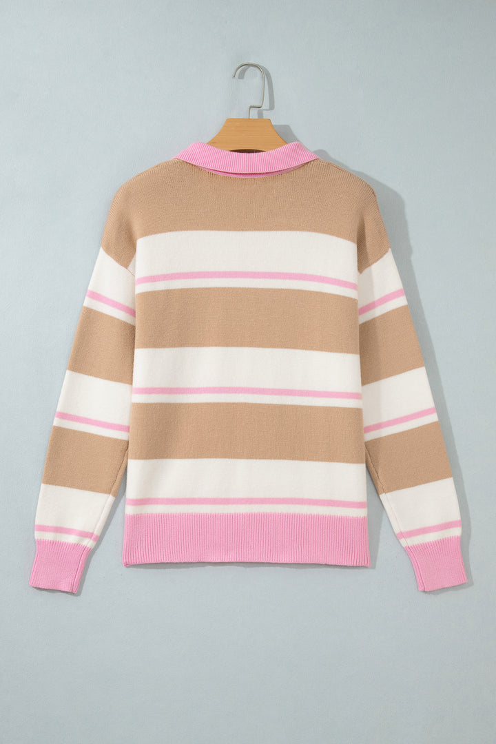 Khaki Stripe Button Placket Long Sleeve Sweater