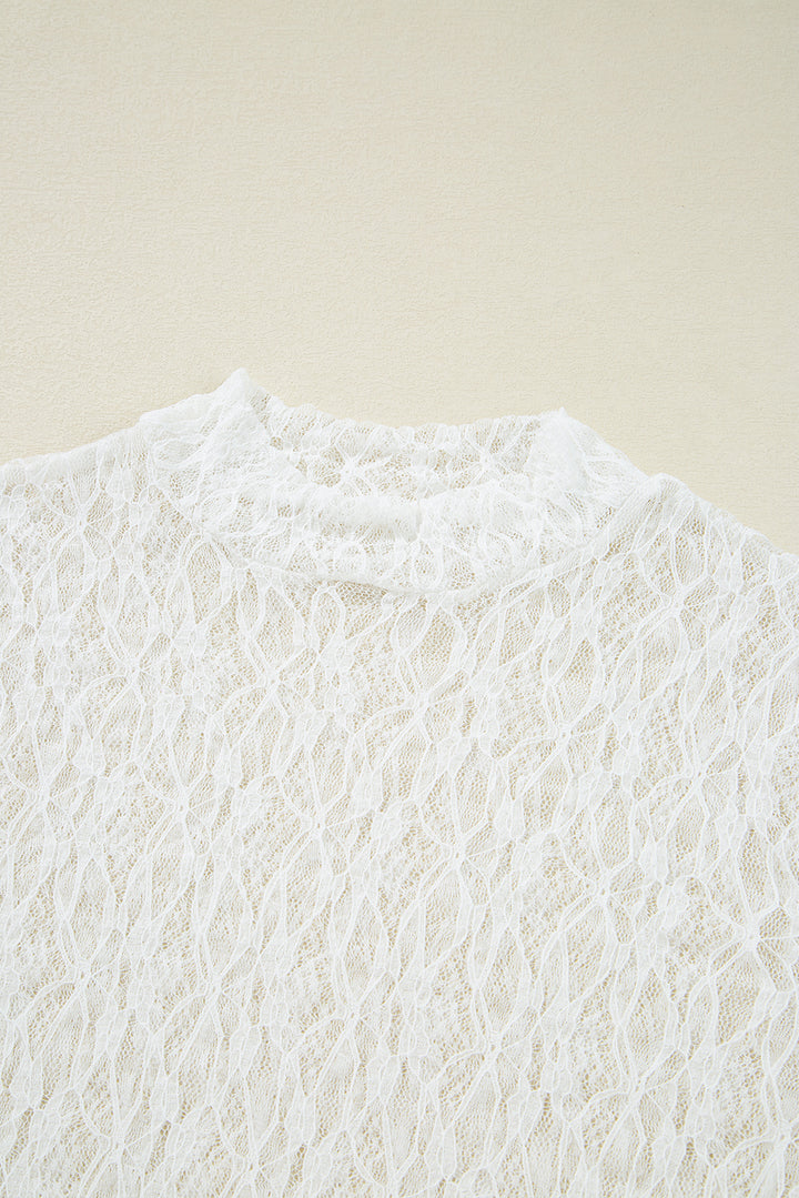 Sheer Lace Bell Sleeve Mock Neck Blouse