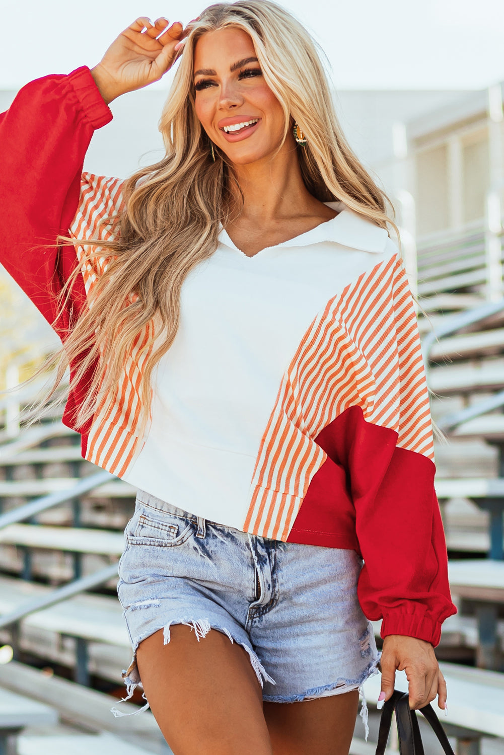 Striped Color Block Collared V Neck Oversized Sweatshirt