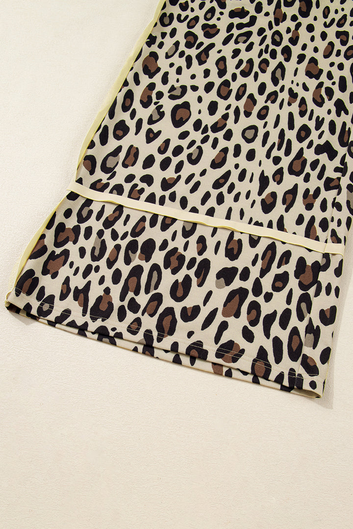 Khaki Exposed Seam Patched Pocket Plus Size Drawstring Leopard Wide Leg Pants