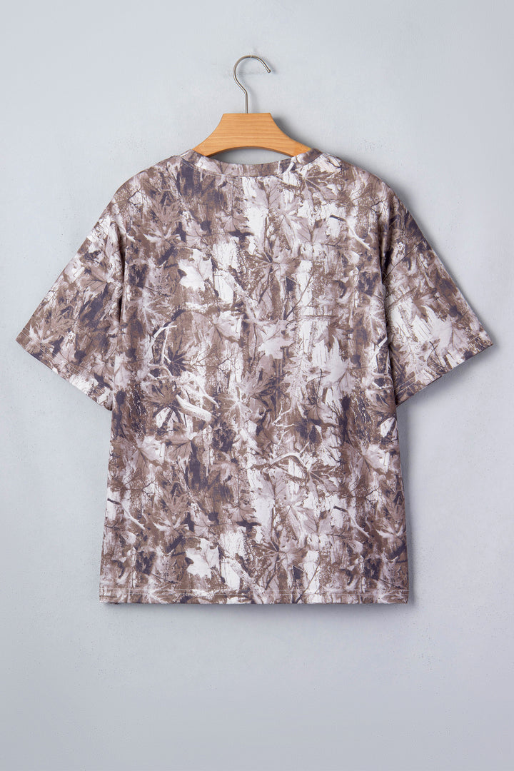 Casual Khaki Camouflage Woodland Print Drop Shoulder Tunic Tee