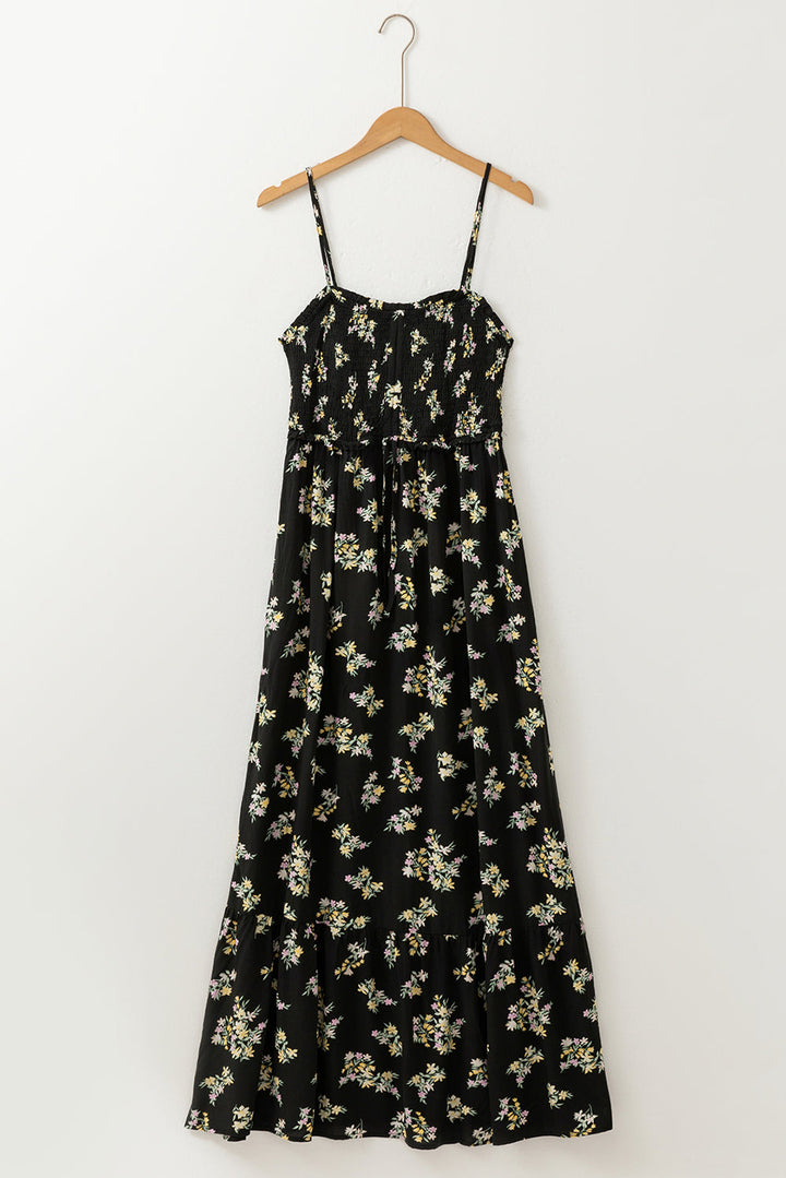 floral spaghetti strap shirred bodice tied empire waist maxi dress