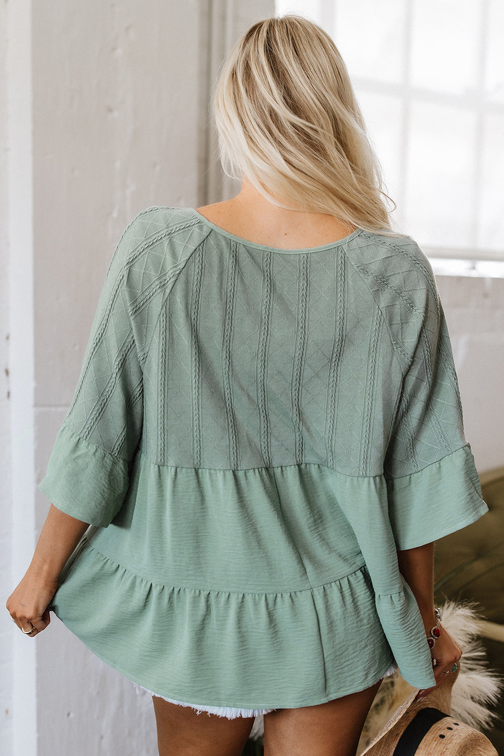 tie split neck textured ruffle patchwork blouse