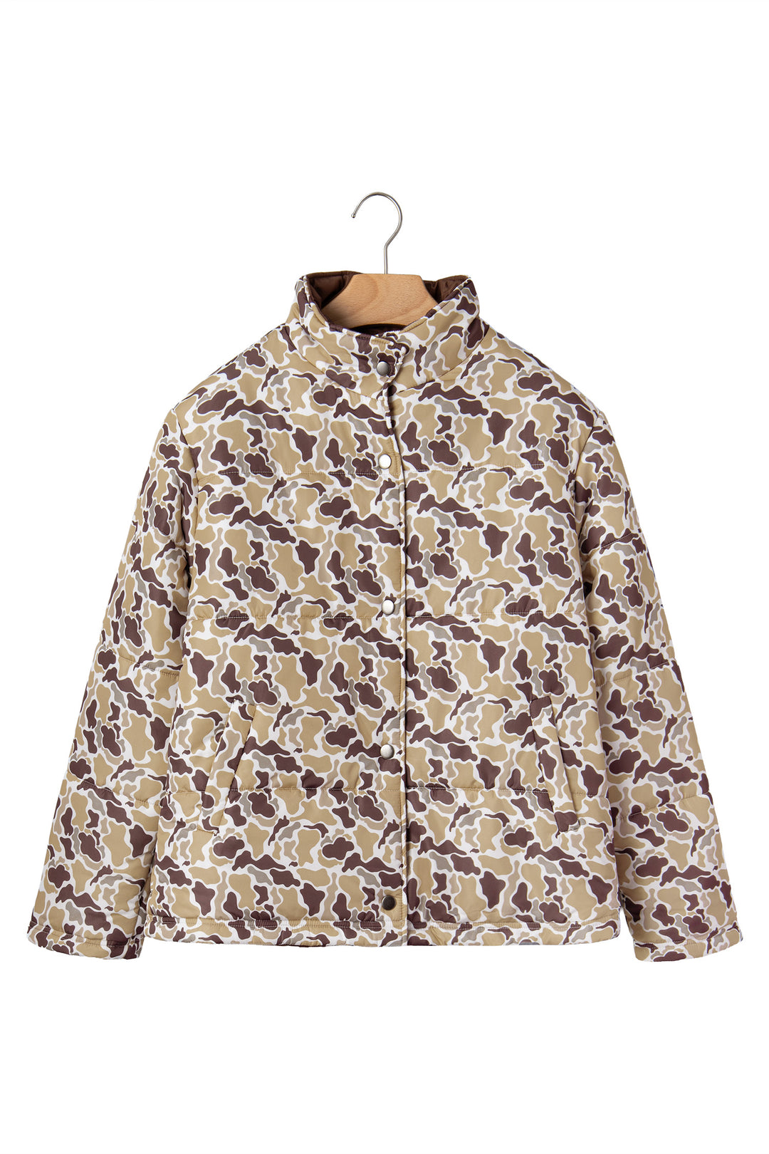 Multicolour Camouflage Quilted Metal Button Collar Long Sleeve Puffer Coat