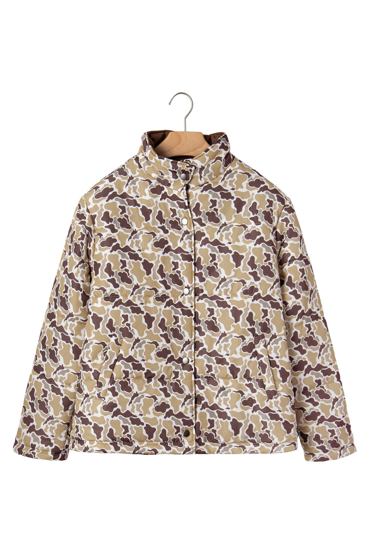 Multicolour Camouflage Quilted Metal Button Collar Long Sleeve Puffer Coat