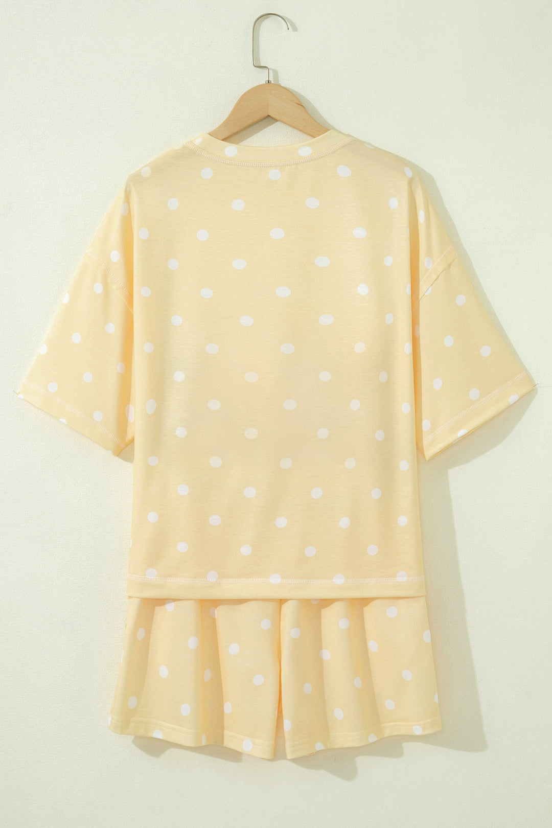 Yellow Polka Dot Short Sleeve Loose Top Drawstring Shorts Set