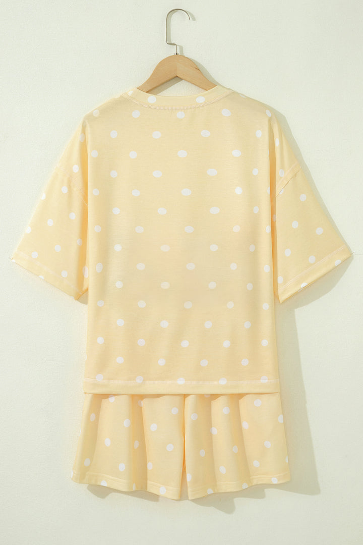 Yellow Polka Dot Short Sleeve Loose Top Drawstring Shorts Set