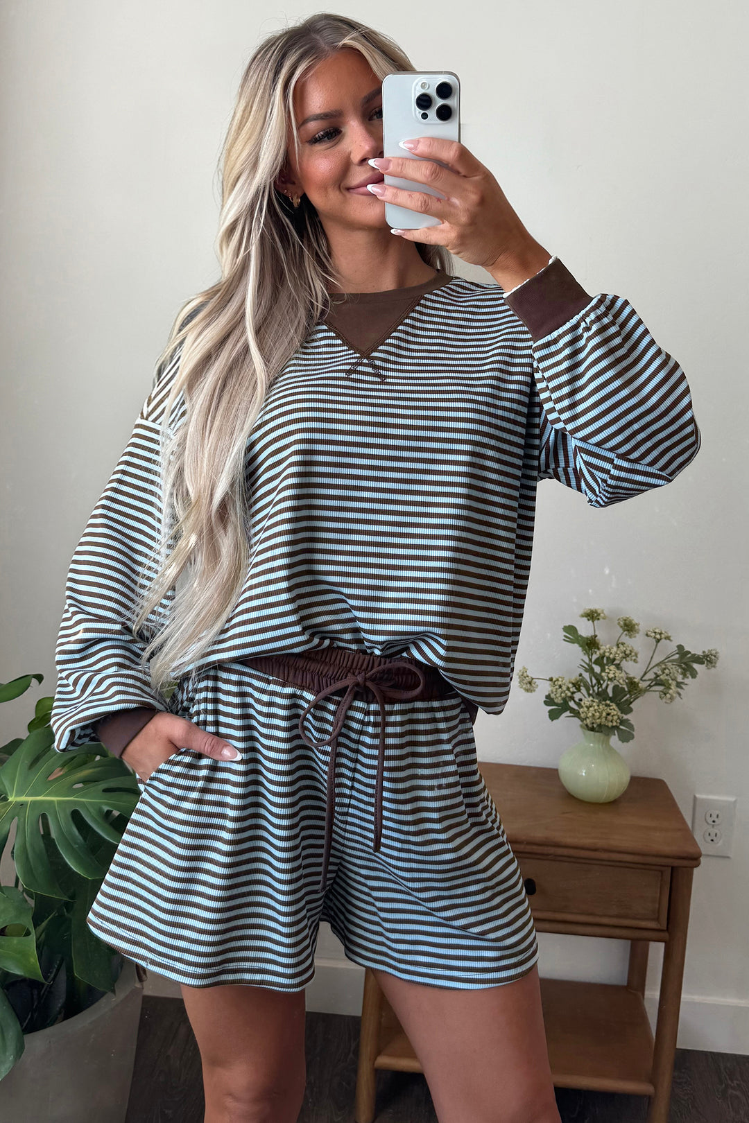 Brown Stripe Oversized Long Sleeve Top Drawstring Loose Shorts 2pcs Set