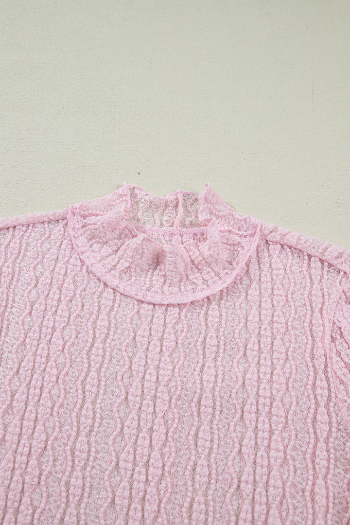Light Pink Flounced Long Sleeve Mock Neck Sheer Lace Top