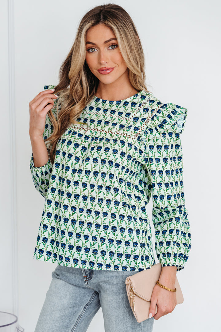 Floral Print Lace Detail Ruffle Trim Long Sleeve Blouse