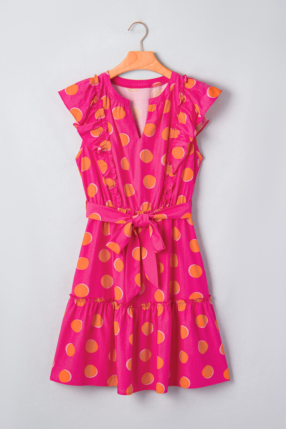 Rose Double Polka Dot V Neck Ruffled Short Sleeve Short Dress
