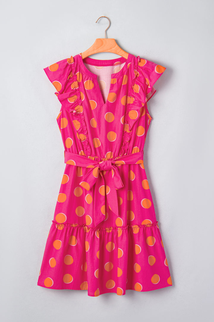 Rose Double Polka Dot V Neck Ruffled Short Sleeve Short Dress