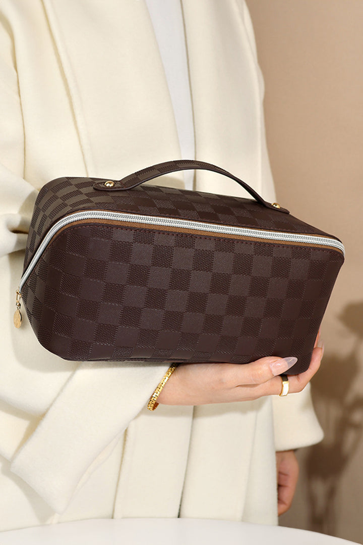 Checkered Zipper Handle PU Leather Travel Makeup Bag