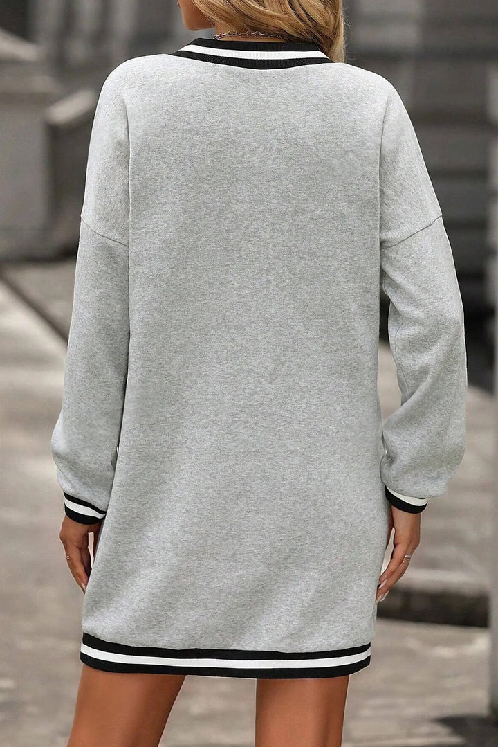 Light Grey Striped Trim V Neck Long Sleeve Preppy T Shirt Dress