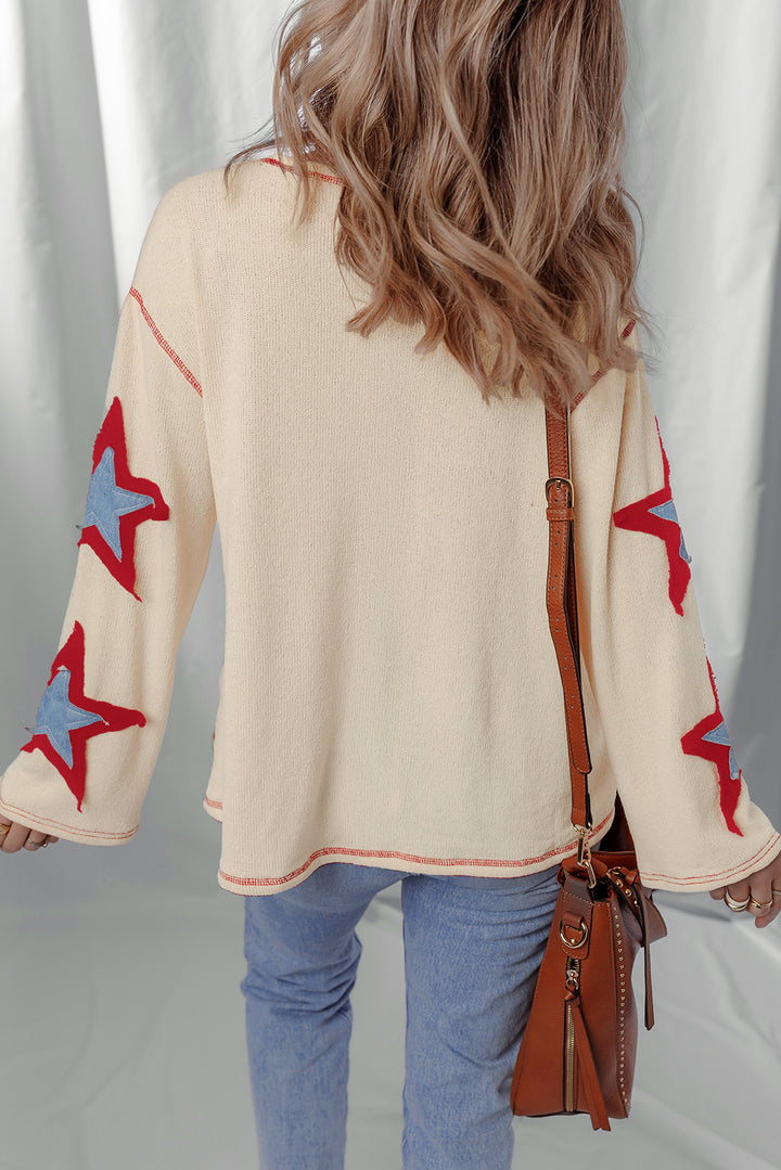 Beige USA Star Contrast Patchwork Long Sleeve Top