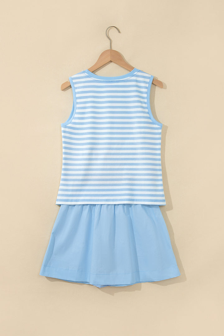 Cute Sky Blue Stripe Slim Tank Contrast Ruffle Mini Skort Set