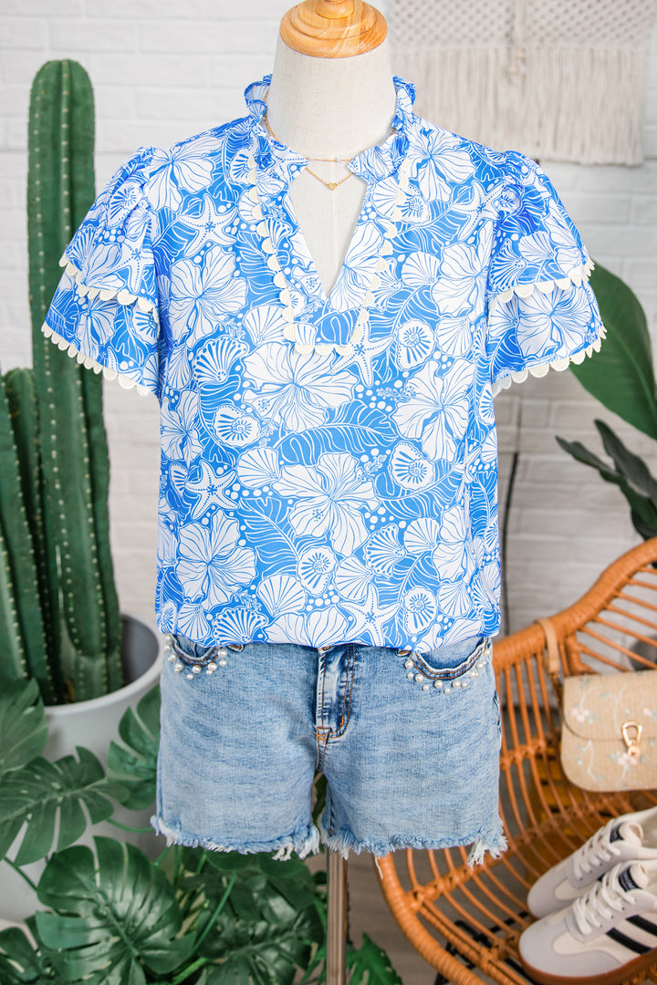 Sky Blue Oceanic Floral Print Scalloped Trim V Neck Short Sleeve Blouse
