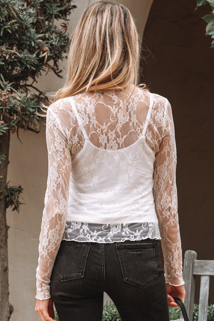 Sheer Lace Mesh Mock Neck Slim Fit Long Sleeve Top