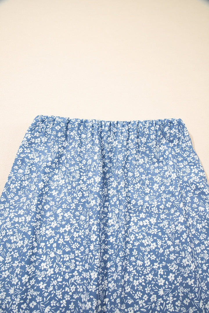 Sky Blue Boho Floral High Waist Long Skirt with Side Split