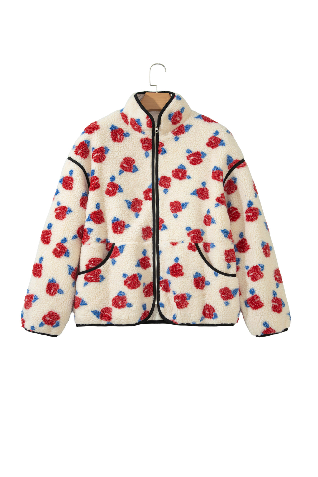 White Floral Print Zipper Stand Neck Outerwear Fleece Coat