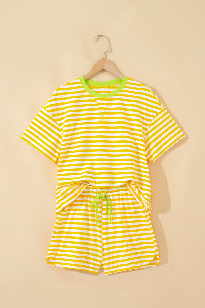 Yellow Stripe Contrast Neck Loose Tee and Drawstring Shorts Set