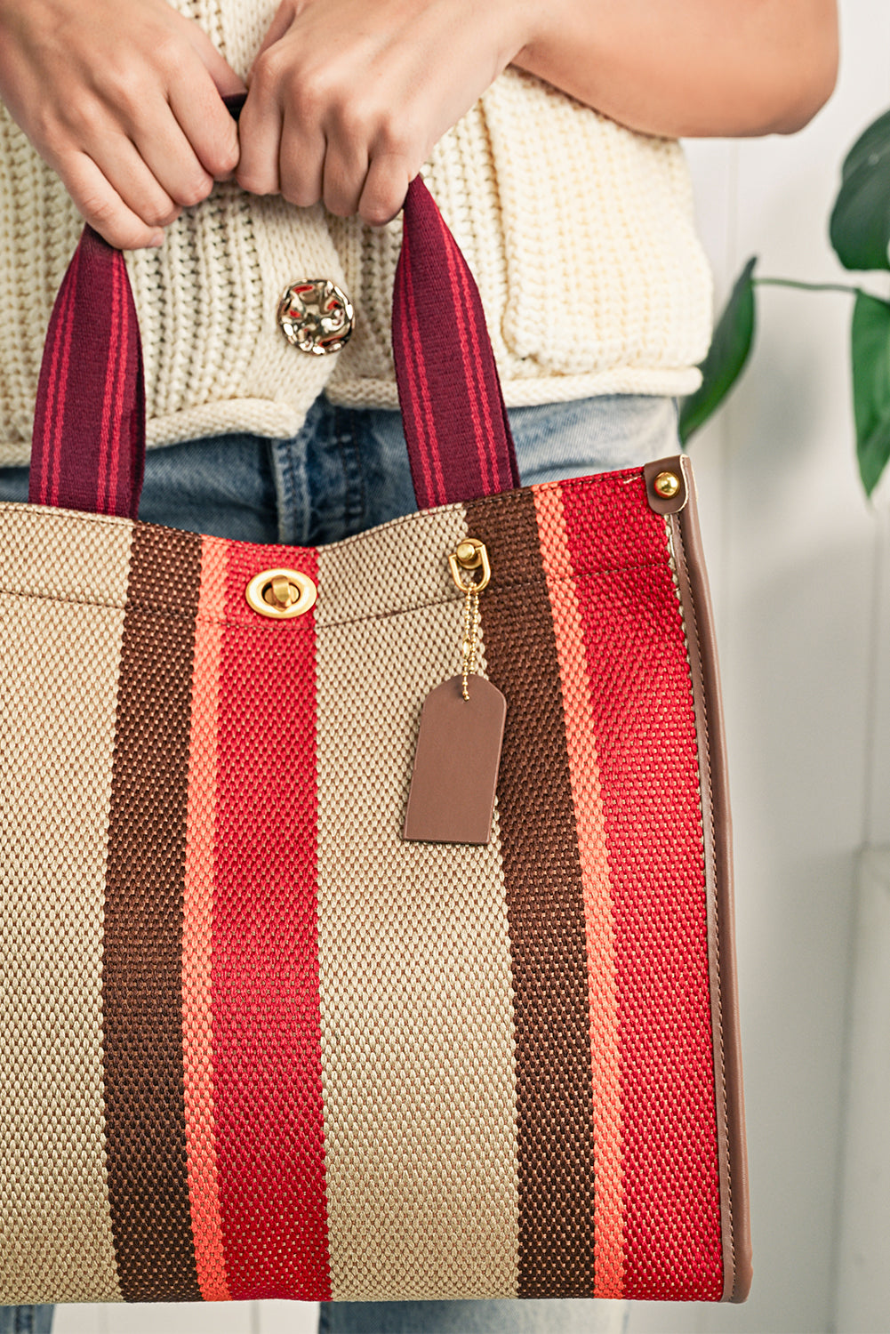 Random Cutting Color Block Canvas Large Tote Bag