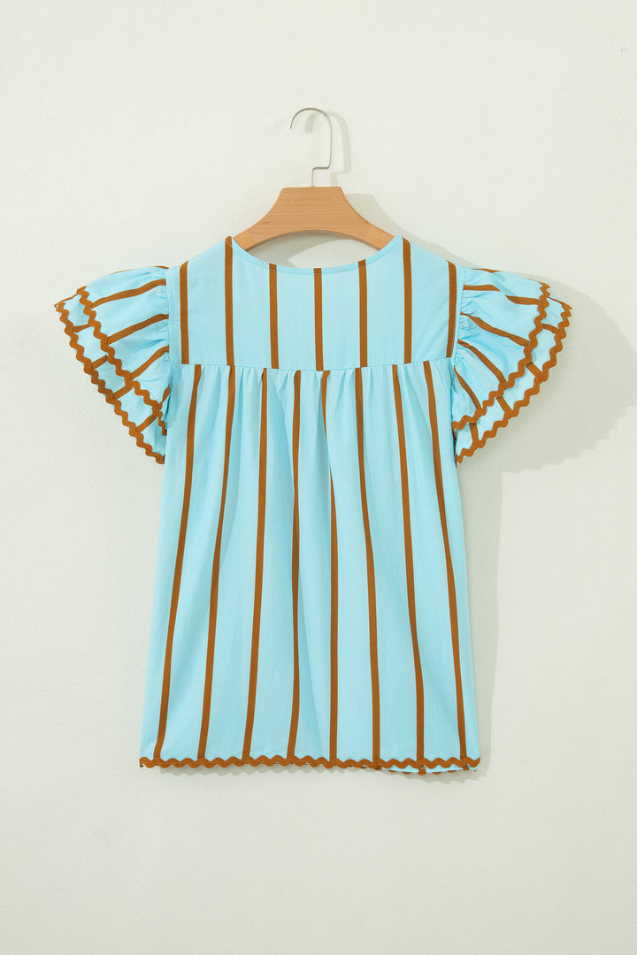 Sky Blue Stripe Ricrac Trim Double Ruffled Short Sleeve V Neck Blouse