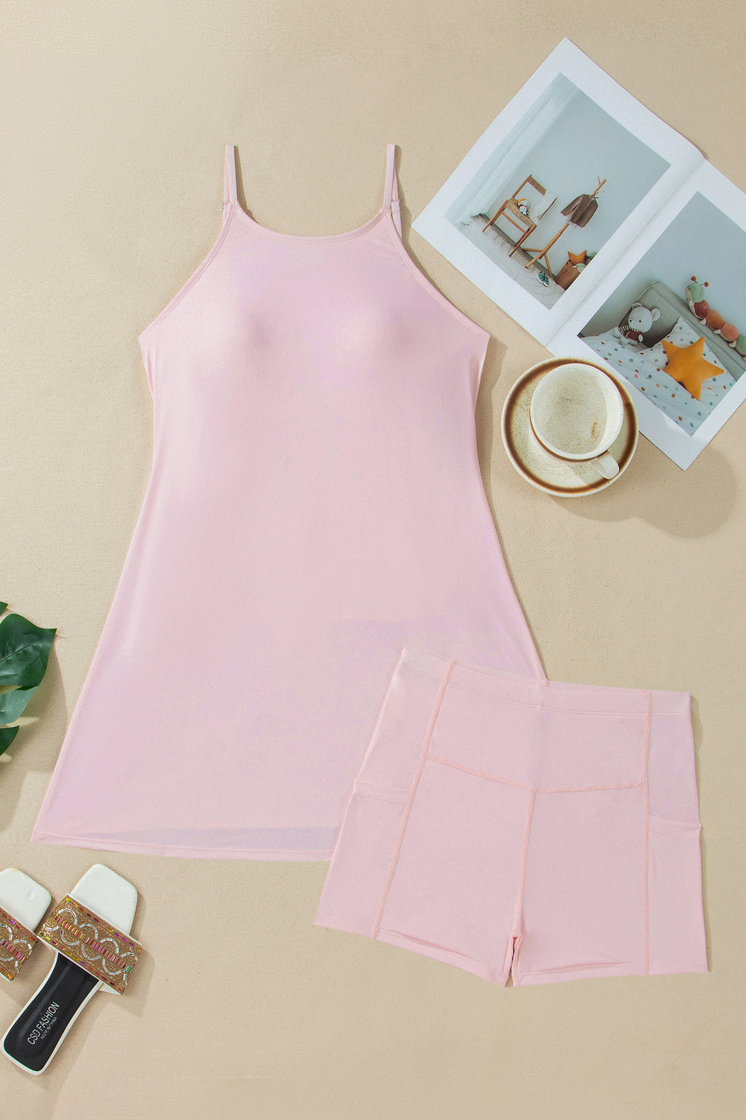 Pink Solid Color Tunic Tank Dress Athletic Shorts Two Piece Set