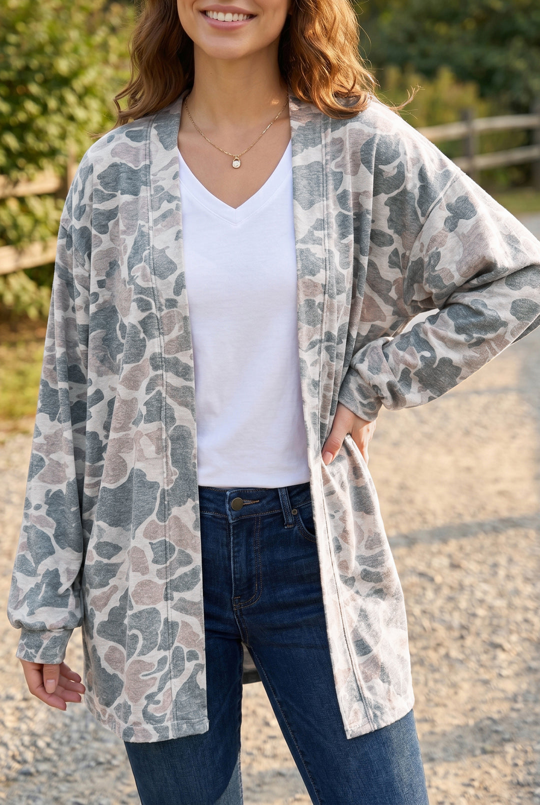 Camouflage Print Long Sleeve Open Front Tunic Cardigan
